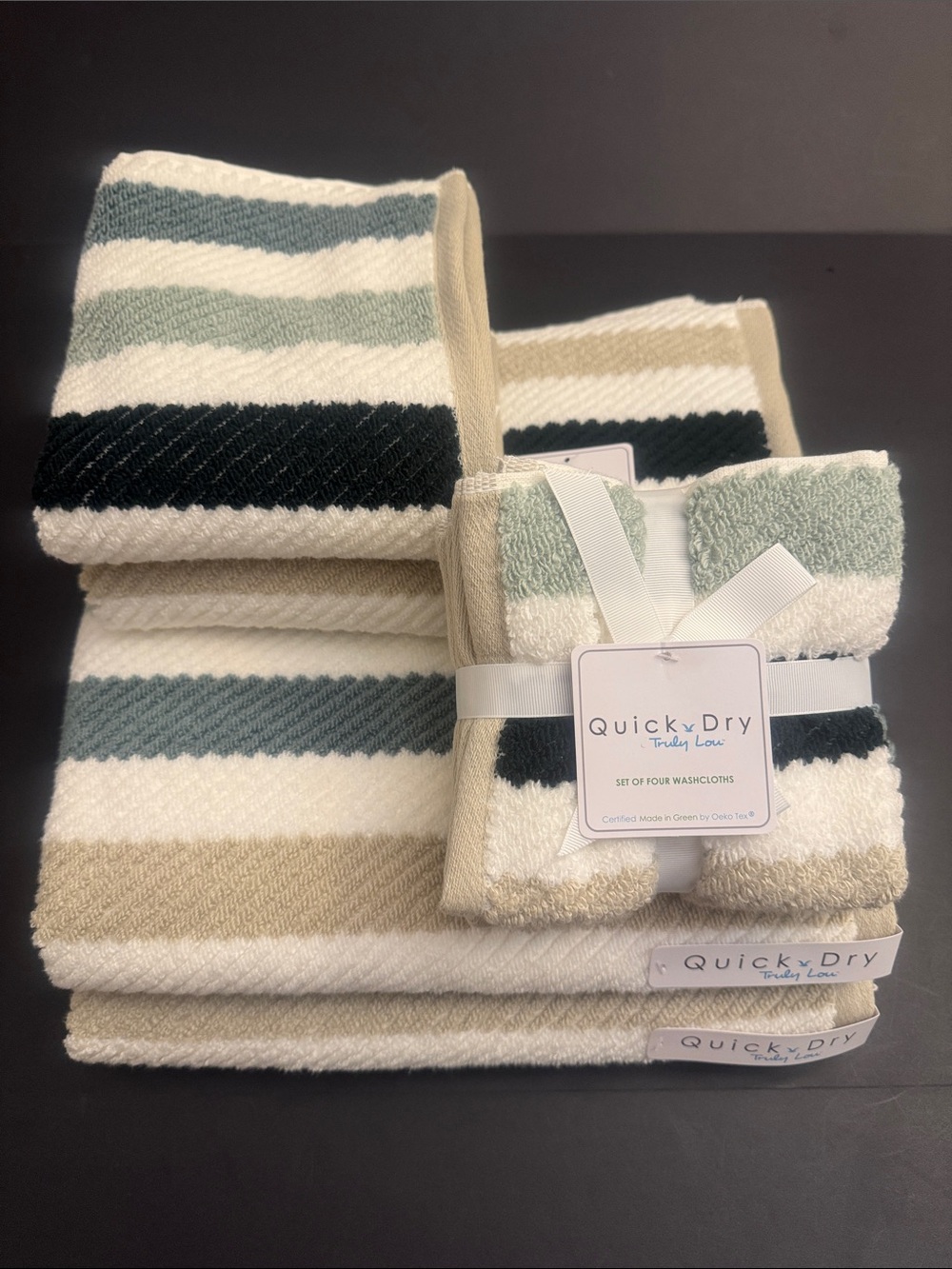 8pc TRULY LOU Quick Dry 100% Cotton Stripe Bath Towel Set -Shades of Green/Taupe